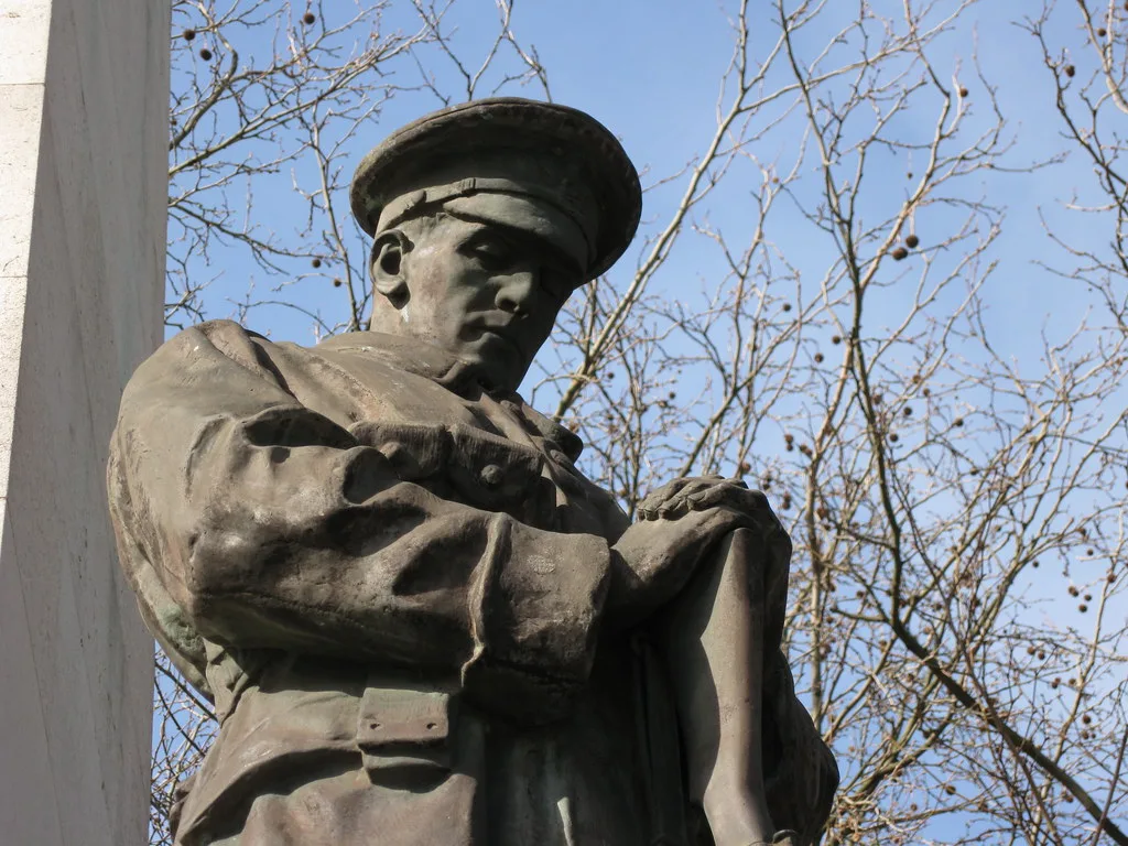 A bronze soldier on the London and North Western Railway war memorial in front of Euston station, where Camden lays its wreaths on Remembrance Sunday